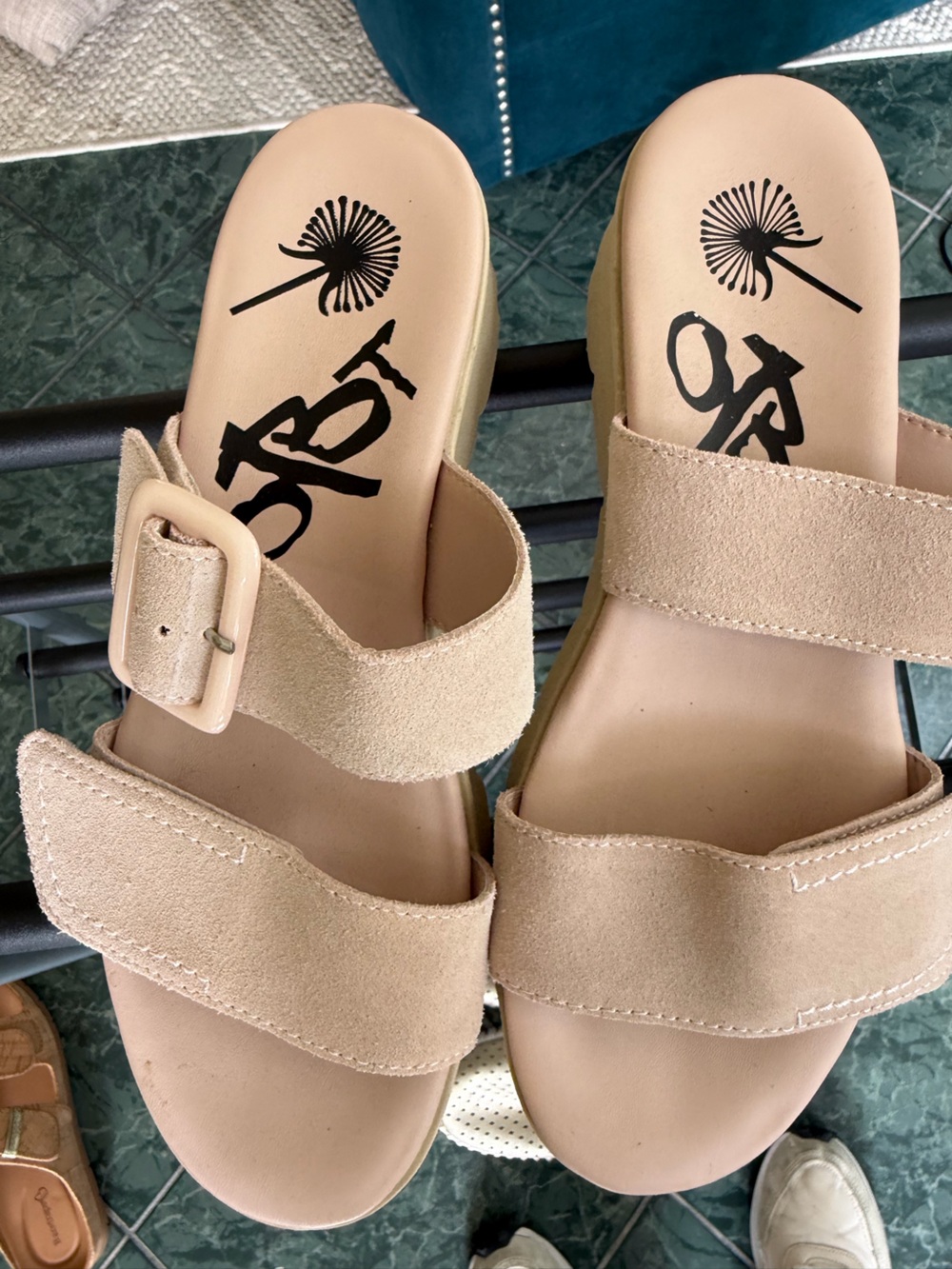 OTBT Beige Suede Double-Strap Slide Sandals with Buckle